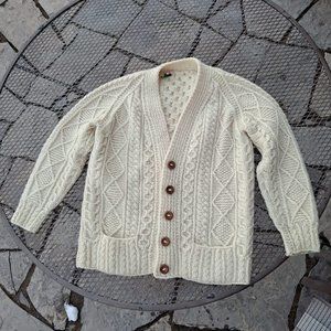 Beautiful Vintage Aran Cream Wool Sweater Fisherman Cardigan Irish